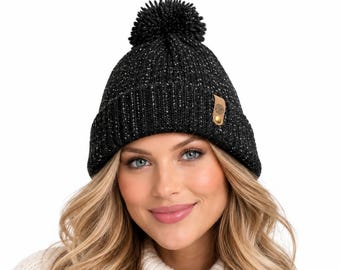 Black Knit Beanie with Pom Pom | Metallic Thread | Hand Knitted Winter Hat | Unisex | Gift