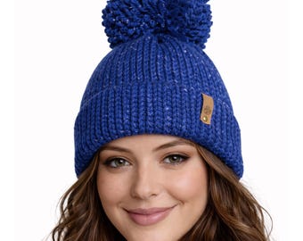 Blue Knit Beanie with Pom Pom | Metallic Thread | Hand Knitted Winter Hat | Unisex | Gift
