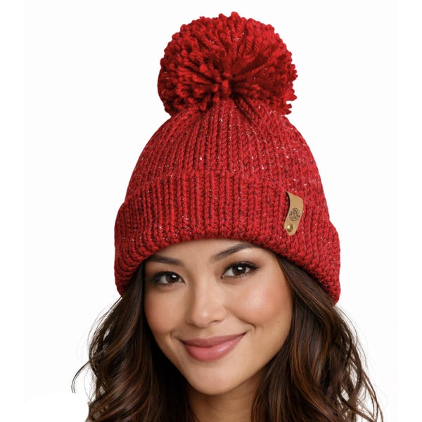 Red Knit Beanie with Pom Pom | Metallic Thread | Hand Knitted Winter Hat | Unisex | Gift