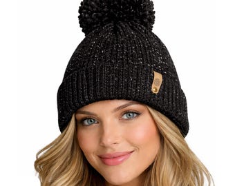 Black Knit Beanie with Pom Pom | Metallic Thread | Hand Knitted Winter Hat | Unisex | Gift