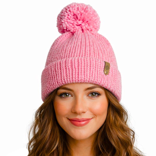 Pink Knit Beanie with Pom Pom | Metallic Thread | Hand Knitted Winter Hat | Unisex | Gift