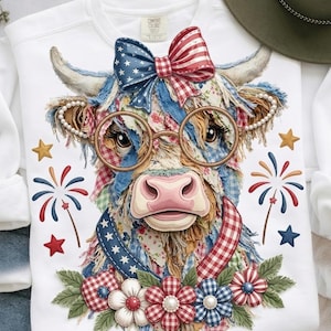 Highland Cow 4th of July PNG, Patchwork Patriotic Cow with Bow, Coquette Americana Sublimation Design