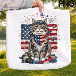 May include: White tote bag featuring a cat wearing sunglasses and a bandana in the colors of the American flag. The cat is sitting in front of a patchwork American flag design, with fireworks and stars in the background. The text "PNG" is visible.