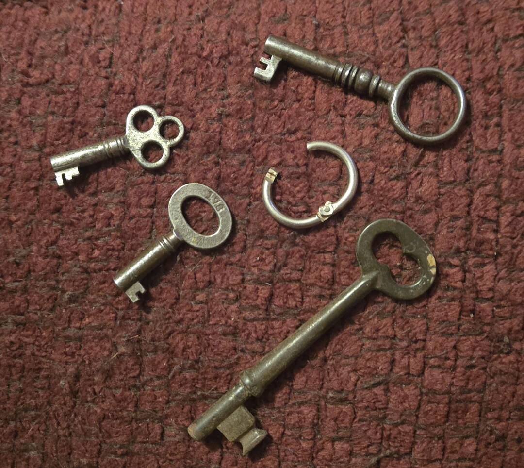 Skeleton Keys Types Lot of Four Vintage Skeleton-type Keys on Metal Hinged Clasping Keyring ...