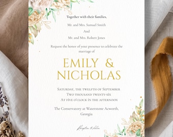 Juego de invitaciones de boda minimalistas sin bordes, paquete editable de 15 piezas en Canva con código QR, diseño floral moderno minimalista, kit digital.