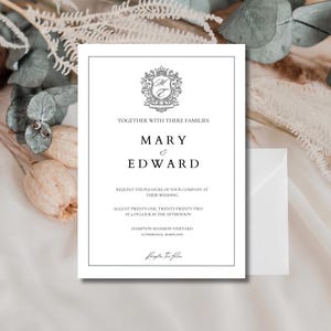 May include: A formal wedding invitation with a minimalist design. The invitation includes the names "Mary" and "Edward", the wedding date and time, and a decorative crest. The invitation is set against a backdrop of dried flowers and foliage.
