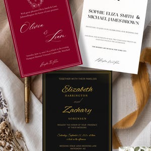 May include: Three wedding invitation designs. One is burgundy with white text, another is white with black text, and the third is black with gold text. Each card includes names, dates, and event details.