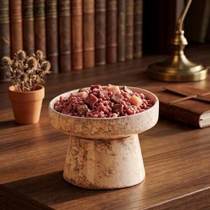 May include: A raised pet bowl with a beige and brown marbled finish, filled with a mixture of small red kibble and larger brown and tan food chunks. The bowl features a wide, cylindrical base that elevates the dish above the surface.