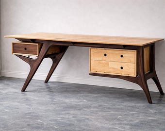 Dwukolorowe biurko z drewna z szufladami, meble biurowe w stylu Mid Century Modern