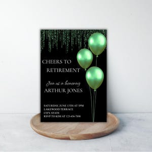 Plantilla editable de invitación de jubilación verde, invitación con globos para fiesta de oficina, celebración laboral (descarga digital instantánea)