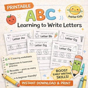 May include: Printable ABC learning worksheets for writing letters. Includes uppercase and lowercase practice. Features the text "Instant Download & Print" and "Boost Early Writing Skills!"