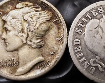 1916-S Silver Mercury Dime (AU) & Barber Dime (F) Transition Set