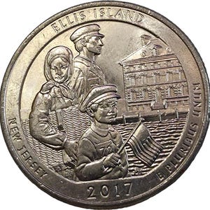 May include: A 2017 New Jersey quarter coin featuring a relief design of an immigrant family standing before the Ellis Island building. The design includes the text ELLIS ISLAND, NEW JERSEY, E PLURIBUS UNUM, and 2017, with a child holding a flag.