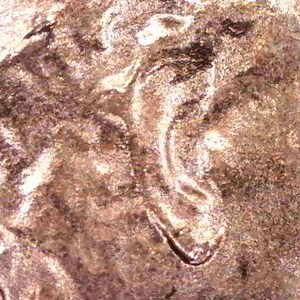 May include: A close-up view of a copper-colored metallic surface featuring a raised, embossed design that resembles the shape of a human ear. The texture is uneven and weathered, with varying shades of brown and metallic copper tones throughout.