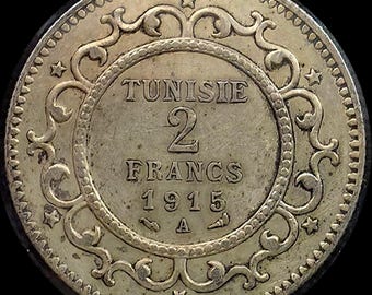 1915-A Tunisia 2 Francs .835 83.5 % Silver Coin - AH 1334 - Muhammad V - KM# 239