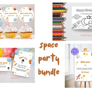 Op de afbeelding: Een ruimtefeestpakket met cupcakes met rakettoppers, uitnodigingen, bedankkaarten, een kleurplaat en een welkomstbord. De illustraties bevatten planeten, sterren en raketten.