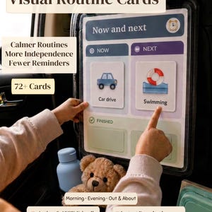 May include: A visual routine board with a Now and Next section, featuring cards for Car drive and Swimming. The board includes a Finished section at the bottom. Text on the board reads Visual Routine Cards, Calmer Routines, More Independence, Fewer Reminders, 72+ Cards, Morning, Evening, Out & About, Autism & ADHD Friendly, and Instant Download.