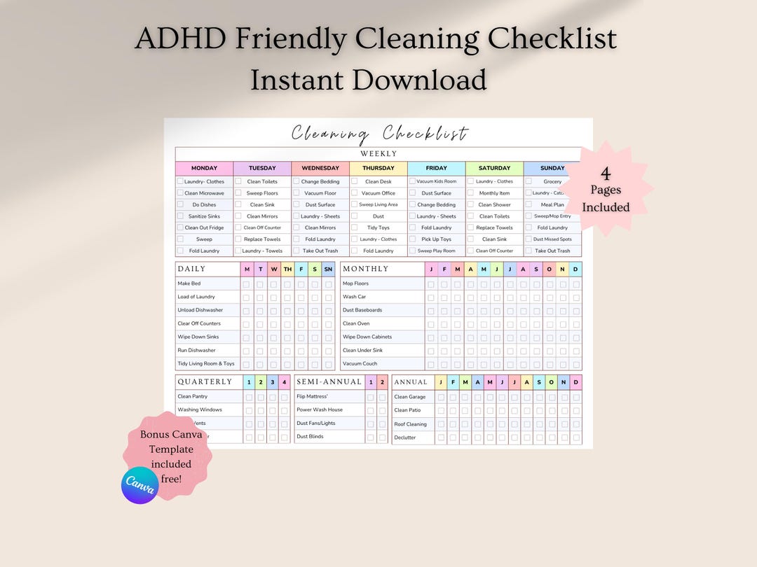 Cleaning Schedule Checklist | ADHD Friendly | Prefilled & Editable ...