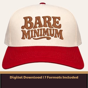 May include: A baseball cap with a red brim and a cream-colored crown. The cap features the embroidered words "BARE MINIMUM" in brown. The cap has a red button on top.