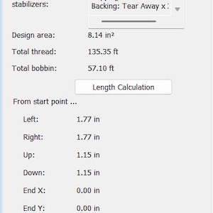 May include: A screenshot of a software interface displaying embroidery design details. The design area is 8.14 square inches. The total thread is 135.35 feet. The image includes measurements for left, right, up, and down, each around 1.77 inches.