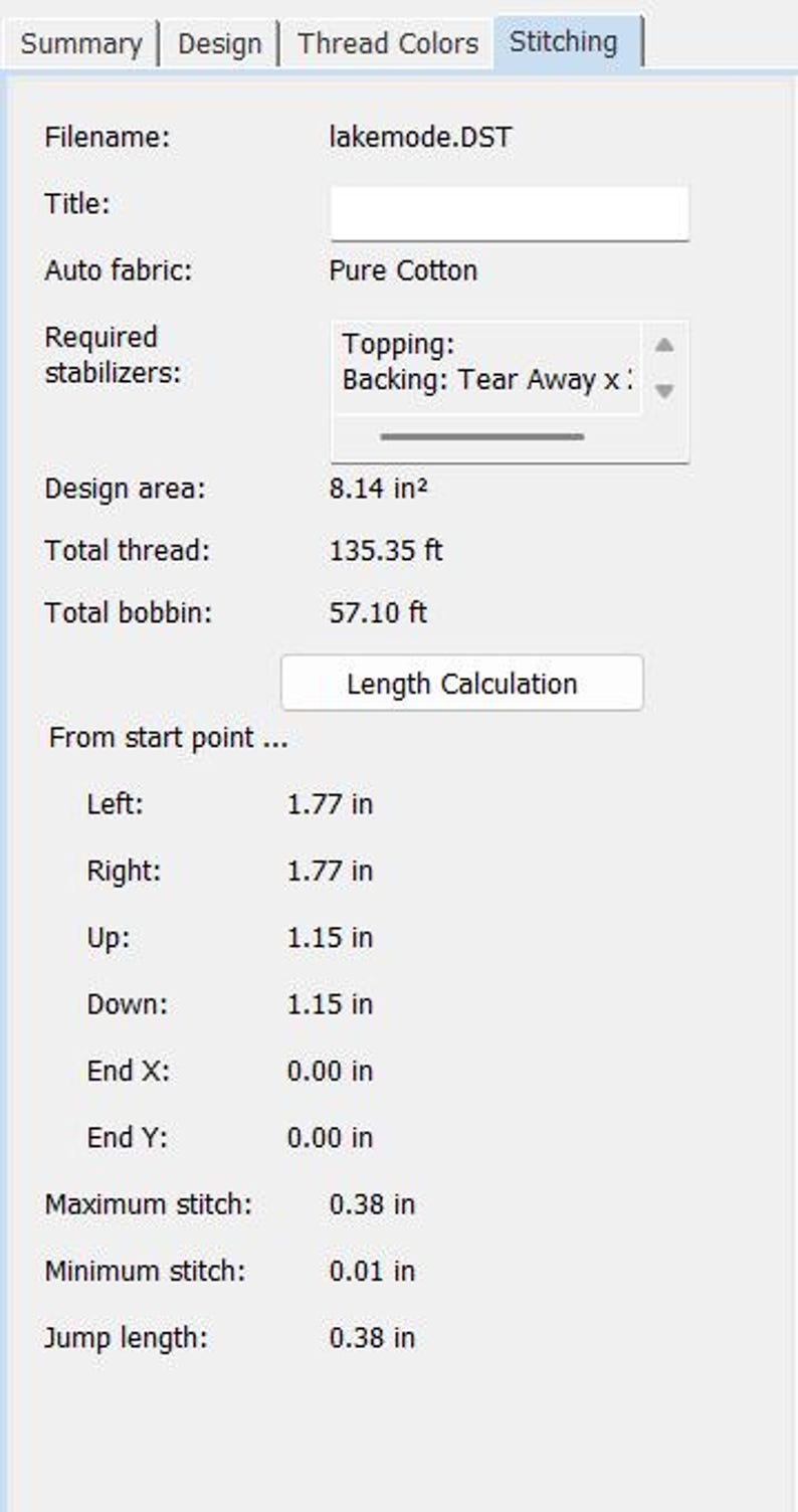 May include: A screenshot of a software interface displaying embroidery design details. The design area is 8.14 square inches. The total thread is 135.35 feet. The image includes measurements for left, right, up, and down, each around 1.77 inches.
