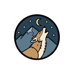 May include: Circular illustration of a howling wolf under a crescent moon and stars. The wolf is brown and white, set against a backdrop of blue mountains and a dark blue night sky. The design is enclosed in a black border.