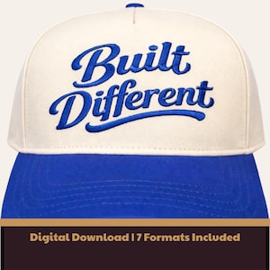 Design de bordado para boné "Built Different", arquivo para boné trucker motivacional, bordado para boné de academia/fitness, download digital para bordado à máquina.
