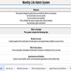 Puede incluir: Documento digital titulado "Sistema de administración de la vida mensual" con secciones para la descripción general mensual, facturas, suscripciones y citas. Diseñado para organizar y gestionar tareas mensuales.