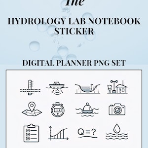 Può includere: Un set PNG di pianificatore digitale con il testo "The Hydrology Lab Notebook Sticker". L'immagine presenta varie icone relative all'idrologia, tra cui un termometro, una barca e una goccia d'acqua, il tutto in uno stile minimalista.
