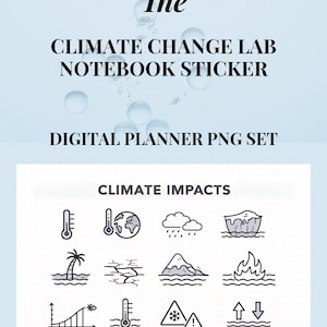 May include: A digital planner PNG set with the text "The Climate Change Lab Notebook Sticker." The image features climate impact icons, including a thermometer, melting iceberg, and rising sea levels, all in black and white.