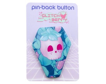 Strawberry Skull Pin-Back Button | Spooky Skulls Coffin-Shaped Button Badge