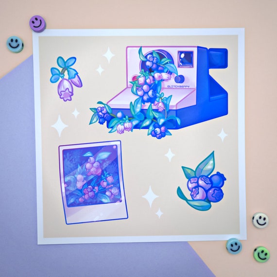 Blueberry Camera 8x8" Art Print | Pastel Kawaii Wall Art