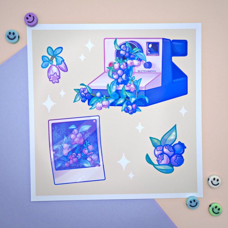 Blueberry Camera 8x8" Art Print | Pastel Kawaii Wall Art image 1