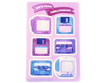 90's Tech Label Sticker Sheet | Kawaii Writable Stickers | Planner Stickers