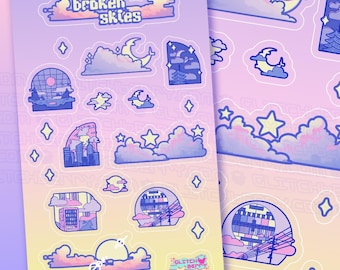 Könnte beinhalten: Eine Bogen mit Aufklebern in Pastellfarben mit einer Stadtlandschaft, Wolken, Sternen und Monden. Die Aufkleber sind mit "broken skies" und "glitch berry" beschriftet.