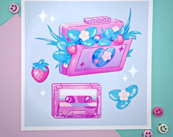 Strawberry Cassette 8x8" Art Print | Pastel Kawaii Wall Art