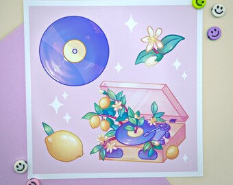 Lemon Record Player 8x8" Art Print | Pastel Kawaii Wall Art