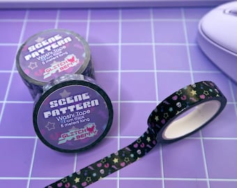 May include: Three rolls of washi tape with a black background and a pattern of stars, skulls, and hearts. The tape is 1 cm thick and 5 meters long. The label reads "SCENE PATTERN" and "GLITCH BERRY".