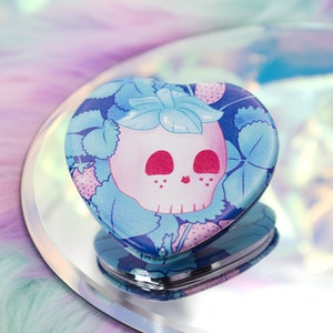 Strawberry Skull Heart-Shaped Compact Mirror | Spooky Kawaii Travel Mirror for Purse or Pockets