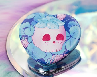 Strawberry Skull Heart-Shaped Compact Mirror | Spooky Kawaii Travel Mirror for Purse or Pockets