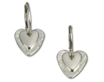 Sterling Silver Double Heart Earrings, Hammered and Smooth Hearts on Oval Leverback Earring Wires, Two Size Hearts on one Ear, Dangle is 1"