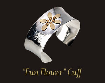 Silver & Gold Cuff Bracelet, Hammered Cuff With Gold Flower, Gold Flower Cuff, Gold Petals on Silver, 1” Wide Cuff, Comfortable Curved Cuff