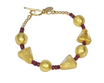 Pulseira de rubi em vidro Murano: fecho de alavanca em ouro 14K, 7,5"