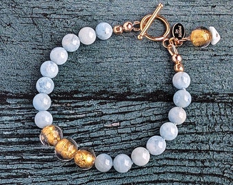 Round Aquamarine and Gold Bead Bracelet, Venetian Lamp Work Glass, Gold Toggle Clasp, Signature Tag and Charm Dangle, Measures 7 Inches