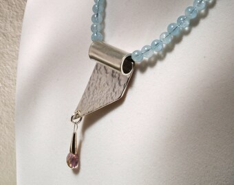 March Birthstone Aquamarine Necklace with Hand Hammered Sterling Silver Pendant and Faceted Ametrine Amethyst and Citrine Stone Dangle Drop