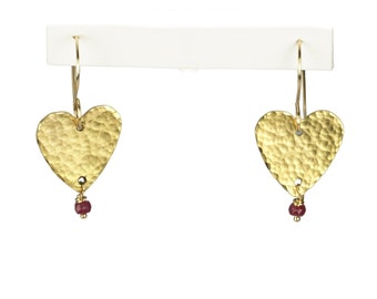 Gold Heart Earrings, Ruby and Gold Hearts, Hand hammered Brass Earrings, Faceted Natural African Rubies, 14K Gold Filled Ear Wire,