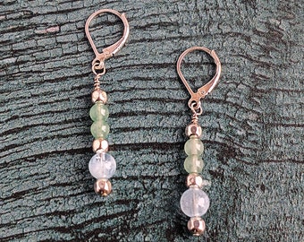 Luminous Aquamarine Translucent Aventurine Lustrous White Pearl and Faceted Stering Silver Drop Dangle Earrings with Silver Lever Back Wire