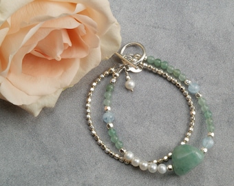 Luminous Aquamarine Translucent Aventurine Lustrous White Pearl and Faceted Stering Silver Two Strand Bracelet with Silver Toggle Clasp 7.5"