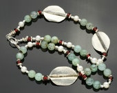 Peruvian Opal and Silver and Pearl Necklace with Czech Glass Beads, Hand Hammered Formfold Leaf in a Corsage Asymmetric Design, Toggle Clasp