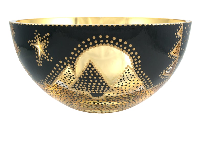 Gold and Black Glass Bowl Verre Eglomisé Glass Art 23 Karat Gold Leaf Hand Painted Engraved Design Gold and Black Tree Moon and star Design image 5